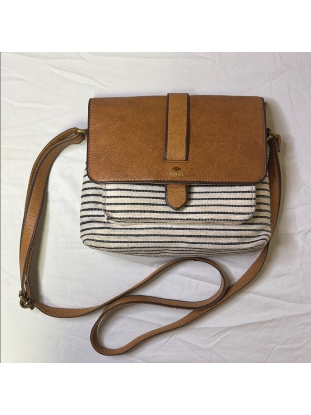 Fossil Tan & Cream Leather  with Striped Canvas Pocket crossbody bag